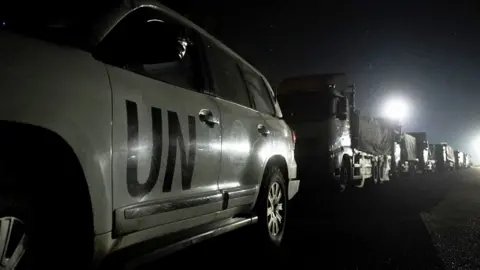 IDF Handout from Israel Defense Forces (IDF) showing UN aid convoy entering northern Gaza for the first time in three weeks directly via Israel (12 March 2024)