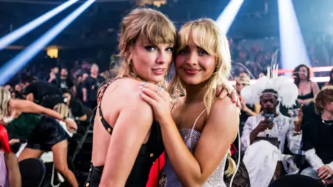 Taylor Swift and Sabrina Carpenter pose together at the 2024 MTV Awards in New York