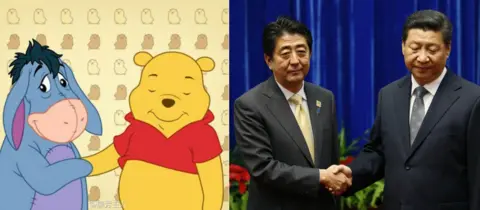 Weibo/AFP Shinzo Abe, Xi Jinping and Winnie the Pooh characters