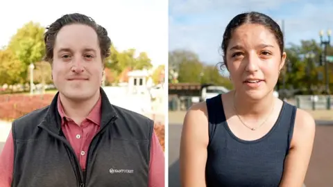 A split screen of a man with a black vest with a neutral facial expression and a girl talking