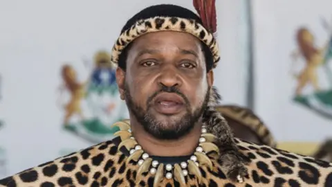 The Zulu king is seen here wearing traditional regalia as he looks on during a government event in South Africa's KwaZulu-Natal province.