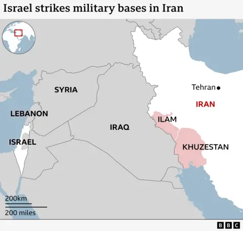 A map of Iran and the wider Middle East, showing Ilam, Khuzestan and Tehran. 