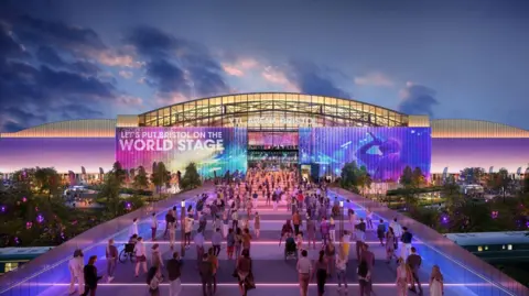 A computer generated image of what the YTL Arena will look like once finished. There is a large walkway bridge lit up with blue and purple lights, leading towards the entrance. The arena itself is a long arched building with large electronic screens on either side. There are hundreds of people crossing the bridge, heading towards the arena.