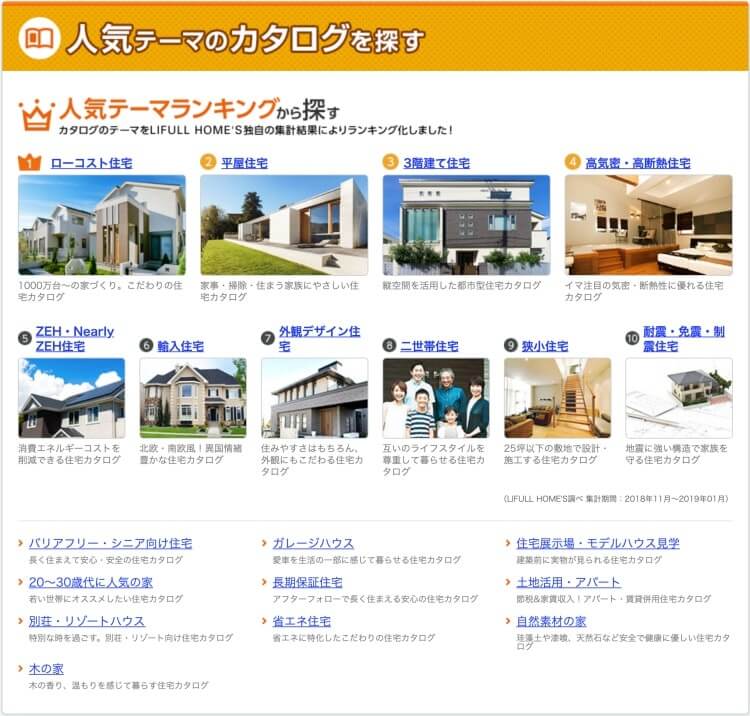 LIFULL HOME'S（ライフルホームズ）無料一括資料請求の「人気テーマからカタログを探す」選択ページ