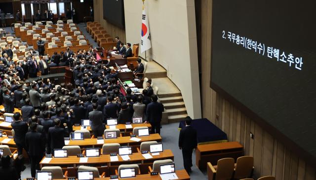 우원식 국회의장이 27일 오후 국회 본회의에서 한덕수 국무총리 탄핵소추안 가결 의결정족수에 대한 설명재적의원 과반수 찬성을 하자 국민의힘 의원들이 항의하고 있다 사진연합뉴스