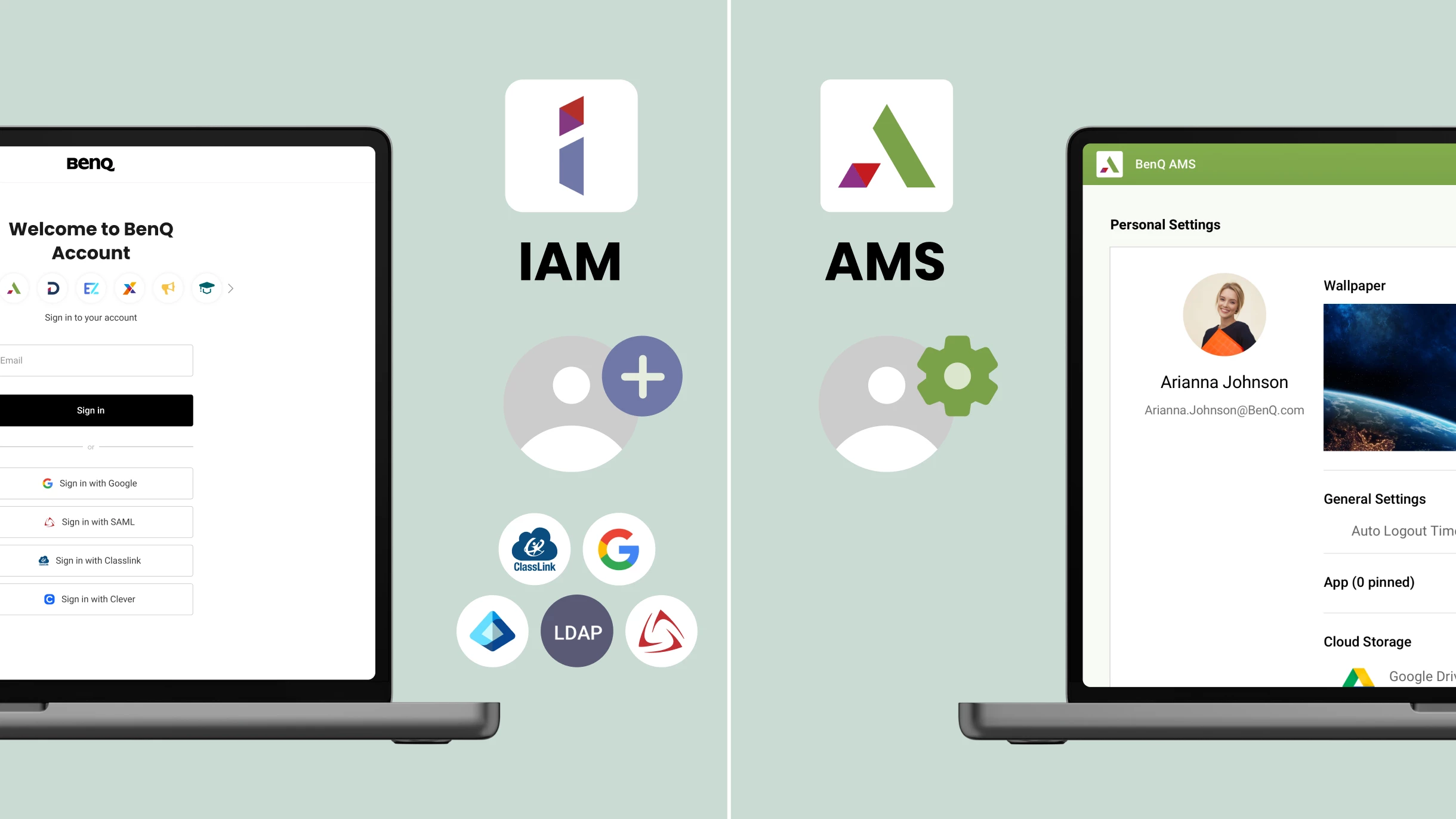 IAM and AMS icons and interfaces on two different laptops