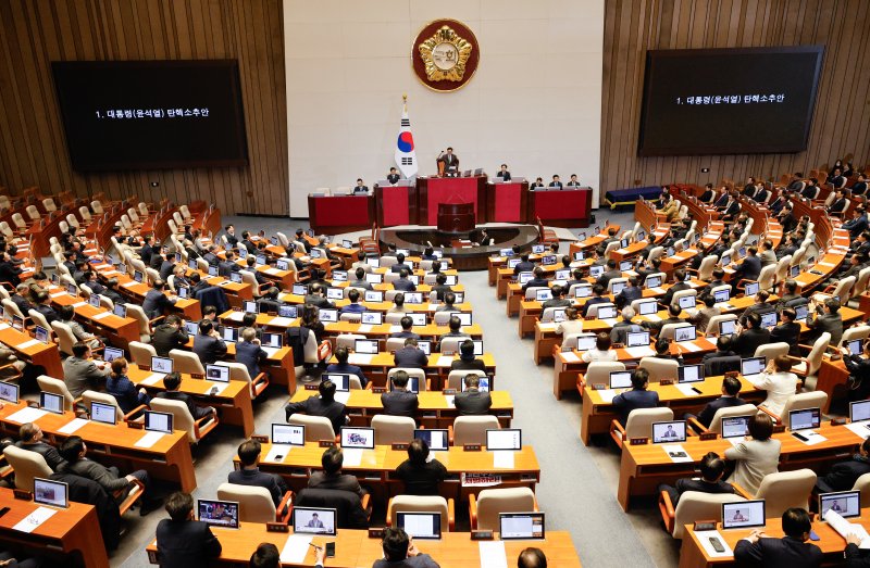 우원식 국회의장이 지난 14일 오후 서울 여의도 국회에서 열린 제419회국회(임시회) 제4차 본회의에서 윤석열 대통령 탄핵소추안 가결을 알리고 있다. 뉴스1.