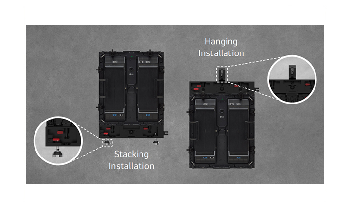 The part where the cabinet can be installed either as stacking or hanging is enlarged and shown.