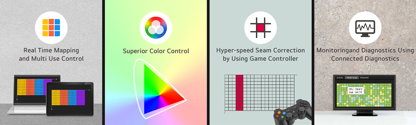 The Megapixel HELIOS LED Processing Platform provides access to the features such as Real-Time Mapping and Multi-Use Control, Superior Color Control, Hyper-speed Seam Correction using a Game Controller, and Monitoring and Diagnostics using Connected Diagnostics.