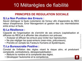 10 Métarègles de fiabilité
5) La Non Punition des Erreurs :
Savoir distinguer la faute (volontaire) de l'erreur afin d'apprendre du REX
retour d'expérience. Error Management et gestion des cas intermédiaires
entre erreur et faute.
6) La Résilience :
Capacité de l'organisation de s'enrichir de ses erreurs (capitalisation et
diffusion du REX) et à affronter des situations non prévues.
● Analyser et diffuser les erreurs pour éviter leur reproduction.
● Ne pas négliger les quasi-erreurs (near-miss, précurseurs).
● Prendre en compte les Facteurs Humains et Systémiques.
7) La Bureaucratie Positive :
Constat de l'inflation des règles visant le risque zéro, et produisant
complexité, contradictions, déresponsabilisation :
● Réduire le nombre et la complexité des règles.
● Développer l'autonomie et la compétence.
PRINCIPES DE REGULATION SOCIALE
SourceChristianMorel
 