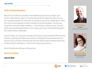 WELCOME 
Hello Content Marketers, 
Welcome to the fifth annual B2B Content Marketing Benchmarks, Budgets, and 
Trends—North America report. It’s hard to believe that it’s been five years since we 
first surveyed marketers on how they use content as part of the marketing mix. Since 
then, the survey has grown to reach marketers all across the globe. This year, we 
heard from more than 5,000 marketers—in 25 industries in 109 countries—from for-profit 
and nonprofit organizations. In this report, you’ll learn how the B2B marketers 
from North America responded. 
As you’ll notice, we made some changes to this year’s survey to better reflect how the 
industry is growing. We added new questions, changed the way we asked some of 
the prior ones, and even removed a few. We also asked content marketers about the 
initiatives they’re working on—and the list is long, as you will see… 
We’re thrilled to be with you on this journey. 
Yours in content, 
Joe & Ann 
Joe Pulizzi 
Founder 
Content Marketing Institute 
Ann Handley 
Chief Content Officer 
MarketingProfs 
SponSored by 
3 
 