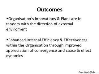 •Organisation’s Innovations & Plans are in
tandem with the direction of external
enviroment
•Enhanced Internal Efficiency & Effectiveness
within the Organisation through improved
appreciation of convergence and cause & effect
dynamics
Outcomes
See Next Slide….
 