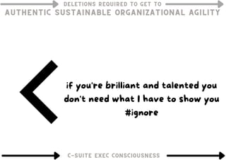 DELETIONS REQUIRED TO GET TO
DELETIONS REQUIRED TO GET TO
DELETIONS REQUIRED TO GET TO
AUTHENTIC SUSTAINABLE ORGANIZATIONAL AGILITY
AUTHENTIC SUSTAINABLE ORGANIZATIONAL AGILITY
AUTHENTIC SUSTAINABLE ORGANIZATIONAL AGILITY
Thinking about the past
C-SUITE EXEC CONSCIOUSNESS
C-SUITE EXEC CONSCIOUSNESS
C-SUITE EXEC CONSCIOUSNESS
if you're brilliant and talented you
don't need what I have to show you
#ignore
 