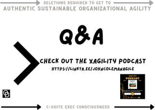 DELETIONS REQUIRED TO GET TO
DELETIONS REQUIRED TO GET TO
DELETIONS REQUIRED TO GET TO
AUTHENTIC SUSTAINABLE ORGANIZATIONAL AGILITY
AUTHENTIC SUSTAINABLE ORGANIZATIONAL AGILITY
AUTHENTIC SUSTAINABLE ORGANIZATIONAL AGILITY
Thinking about the past
C-SUITE EXEC CONSCIOUSNESS
C-SUITE EXEC CONSCIOUSNESS
C-SUITE EXEC CONSCIOUSNESS
check out the xagility podcast
https://linktr.ee/johncolemanagile


Q&A
 