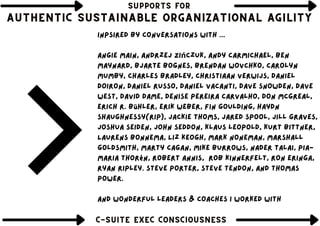 SUPPORTS FOR
SUPPORTS FOR
SUPPORTS FOR
AUTHENTIC SUSTAINABLE ORGANIZATIONAL AGILITY
AUTHENTIC SUSTAINABLE ORGANIZATIONAL AGILITY
AUTHENTIC SUSTAINABLE ORGANIZATIONAL AGILITY
Thinking about the past
C-SUITE EXEC CONSCIOUSNESS
C-SUITE EXEC CONSCIOUSNESS
C-SUITE EXEC CONSCIOUSNESS
inpsired by conversations with ...
Angie Main, Andrzej Zińczuk, Andy Carmichael, Ben
Maynard, Bjarte Bognes, Brendan Wovchko, carolyn
mumby, Charles Bradley, christiaan verwijs, Daniel
Doiron, daniel russo, Daniel Vacanti, Dave Snowden, Dave
West, David Dame, denise pereira carvalho, Don McGreal,
Erich R. Bühler, Erik Weber, Fin Goulding, Haydn
Shaughnessy(RIP), Jackie Thoms, jared spool, Jill Graves,
joshua seiden, John Seddon, klaus leopold, Kurt Bittner,
Laurens Bonnema, Liz Keogh, Mark Noneman, Marshall
Goldsmith, marty cagan, Mike Burrows, Nader Talai, pia-
maria Thorén, Robert annis, rob kinnerfelt, Ron Eringa,
ryan ripley. Steve Porter, steve tendon, and Thomas
Power.
and wonderful leaders & coaches I worked with
 