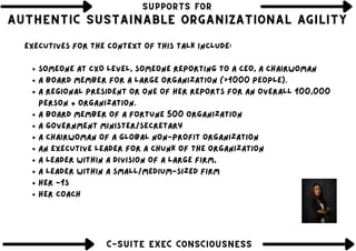 SUPPORTS FOR
SUPPORTS FOR
SUPPORTS FOR
AUTHENTIC SUSTAINABLE ORGANIZATIONAL AGILITY
AUTHENTIC SUSTAINABLE ORGANIZATIONAL AGILITY
AUTHENTIC SUSTAINABLE ORGANIZATIONAL AGILITY
Thinking about the past
C-SUITE EXEC CONSCIOUSNESS
C-SUITE EXEC CONSCIOUSNESS
C-SUITE EXEC CONSCIOUSNESS
someone at CxO level, someone reporting to a CEO, a chairwoman
a board member for a large organization (>1000 people).
a regional president or one of her reports for an overall 100,000
person + organization.
a board member of a Fortune 500 organization
a government minister/secretary
a chairwoman of a global non-profit organization
an executive leader for a chunk of the organization
a leader within a division of a large firm,
a leader within a small/medium-sized firm
her -1s
her coach
Executives for the context of this talk include:
 