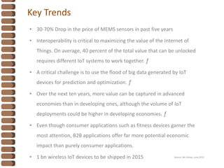 Key Trends
• 30-70% Drop in the price of MEMS sensors in past five years
• Interoperability is critical to maximizing the value of the Internet of
Things. On average, 40 percent of the total value that can be unlocked
requires different IoT systems to work together. ƒ
• A critical challenge is to use the flood of big data generated by IoT
devices for prediction and optimization. ƒ
• Over the next ten years, more value can be captured in advanced
economies than in developing ones, although the volume of IoT
deployments could be higher in developing economies. ƒ
• Even though consumer applications such as fitness devices garner the
most attention, B2B applications offer far more potential economic
impact than purely consumer applications.
• 1 bn wireless IoT devices to be shipped in 2015 Source: Mc Kinsey, June 2015
 