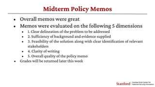 Midterm Policy Memos
• Overall memos were great
• Memos were evaluated on the following 5 dimensions
• 1. Clear delineatio...