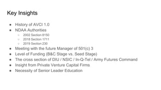 Key Insights
● History of AVCI 1.0
● NDAA Authorities
○ 2002 Section 8150
○ 2018 Section 1711
○ 2019 Section 230
● Meeting...