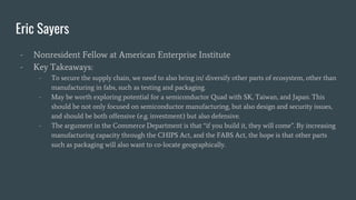 Eric Sayers
- Nonresident Fellow at American Enterprise Institute
- Key Takeaways:
- To secure the supply chain, we need t...