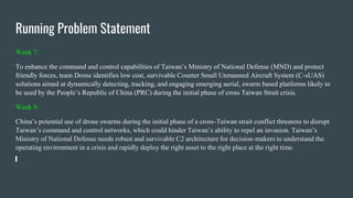 Running Problem Statement
Week 7:
To enhance the command and control capabilities of Taiwan’s Ministry of National Defense...