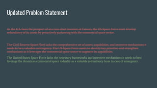 Updated Problem Statement
As the U.S. faces the prospect of an cross-strait invasion of Taiwan, the US Space Force must de...