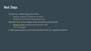 Next Steps
- Continue conducting interviews
- Evaluate analog (Civil Reserve Air Fleet)
- Understand commercial interests/...