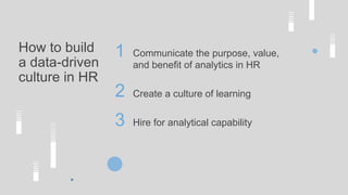 Communicate the purpose, value,
and benefit of analytics in HR
Create a culture of learning
Hire for analytical capability
1
2
3
How to build
a data-driven
culture in HR
 