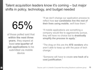 Talent acquisition leaders know it’s coming – but major
shifts in policy, technology, and budget needed

                                    “If we don't change our application process to
                                    reflect how our candidates live the rest of


     65%                            their lives using mobile, we'll lose them.”

                                    “If mobile applications are something a
                                    company would like to aggressively pursue,
 of those polled said that          they will have no choice but to drastically
  within the next three             simplify the process to apply.”
  years, they expect at
   least one-quarter of             “The drag on this are the ATS vendors who
 job applications to be             aren’t able to keep up with the pace of tech
   submitted via mobile             change.”
          device
                                    “Someone will have to create one heck of a
                                    cost justification.”


                             Source: poll in LinkedIn Corporate Recruiting Solutions customer group   10
 