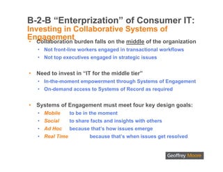 B-2-B “Enterprization” of Consumer IT:
Investing in Collaborative Systems of
Engagementburden falls on the middle of the organization
 • Collaboration
    • Not front-line workers engaged in transactional workflows
    • Not top executives engaged in strategic issues


•   Need to invest in “IT for the middle tier”
    • In-the-moment empowerment through Systems of Engagement
    • On-demand access to Systems of Record as required


•   Systems of Engagement must meet four key design goals:
    • Mobile      to be in the moment
    • Social      to share facts and insights with others
    • Ad Hoc      because that’s how issues emerge
    • Real Time           because that’s when issues get resolved
 