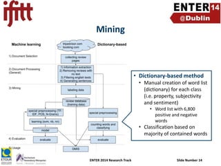 Mining

• Dictionary-based method
• Manual creation of word list
(dictionary) for each class
(i.e. property, subjectivity
and sentiment)
• Word list with 6,800
positive and negative
words

• Classification based on
majority of contained words

ENTER 2014 Research Track

Slide Number 14

 