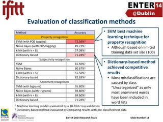 Evaluation of classification methods
Method

Accuracy

Property recognition
SVM (with POS tagging)
Naïve Bayes (with POS tagging)
k-NN (with k = 8)
Dictionary-based
Subjectivity recognition
SVM
Naïve Bayes
k-NN (with k = 5)
Dictionary-based
Sentiment recognition
SVM (with bigrams)
Naïve Bayes (with trigrams)
k-NN (with k = 8)
Dictionary-based
1

72.36%1
49.72%1
57.08%1
71.28%2
65.50%1
60.67%1
55.50%1
82.63%2
76.80%1
69.80%1
69.60%1
71.28%2

• SVM best machine
learning technique for
property recognition
• Although based on limited
training data set size (100)

• Dictionary-based method
achieved competitive
results
• Most misclassifications are
caused by class
“Uncategorized” as only
most prominent words
have been included in
word lists

Machine learning models evaluated by a 10-fold cross-validation
method evaluated by comparing results with pre-classified test data

2 Dictionary-based

ENTER 2014 Research Track

Slide Number 18

 