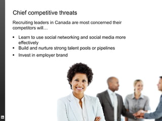 Chief competitive threats
Recruiting leaders in Canada are most concerned their
competitors will…

 Learn to use social networking and social media more
  effectively
 Build and nurture strong talent pools or pipelines
 Invest in employer brand
 