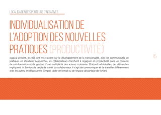 15
Individualisation de
l’adoption des nouvelles
pratiques (productivité)Jusqu’à présent, les RSE ont mis l’accent sur le développement de la transversalité, avec les communautés de
pratiques en étendard. Aujourd’hui, les collaborateurs cherchent à regagner en productivité dans un contexte
de surinformation et de gestion d'une multiplicité des acteurs croissante. D'abord individuelles, ces démarches
impliquent in fine tout le cercle de travail du collaborateur. Il s’agit de communiquer et de travailler différemment
avec les autres, en dépassant le (simple) cadre de l’email ou de l’espace de partage de fichiers.
Localisation des porteurs d'initiatives
 