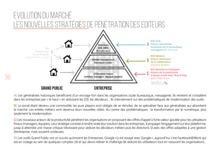 56
EVOLUTION DU MARCHÉ
LES NOUVELLES STRATÉGIES DE PÉNÉTRATION DES EDITEURS
A) Les généralistes historiques bénéficient d’un encrage fort dans les organisations (suite bureautique, messagerie). Ils rentrent et s’installent
dans les entreprises par « le haut » en séduisant les DSI, les décideurs… Ils interviennent sur des problématiques de modernisation des outils.
B) Le social étant devenu une commodité, les pure players sont obligés de se réinviter, de se spécialiser face aux généralistes qui absorbent
le marché. Les entités métiers sont devenus leurs nouvelles cibles. Au centre des problématiques : la transformation par le numérique, plus
seulement la modernisation.
C) Les nouveaux acteurs de la productivité pénètrent les organisations en proposant des offres d’appel à forte valeur ajoutée pour les utilisateurs
finaux (managers, équipes). Leur stratégie consiste à rendre virale leur solution dans les entreprises, à propager l’engagement sur leur plateforme,
jusqu’à atteindre une masse critique nécessaire pour séduire les décideurs métiers puis les directions SI avec des offres adaptées à une gestion
d’entreprise, mais souvent coûteuses.
D) Les outils Grand Public ont un succès qu'envient les Entreprises. Google s'y est essayé avec Google+, aujourd'hui c'est Facebook@Work qui
est en rodage au sein de quelques comptes clé et qui devra relever le challenge de séduire les utilisateurs tout en rassurant les organisations.
 