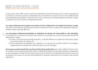 60
INDICE DU REFERENTIEL LECKO
L’indice Lecko, créé en 2008, mesure l’évolution du périmètre fonctionnel de chaque outil en fonction des segments
du marché. Les fonctions sociales se standardisent dans l’ensemble des outils et sont ainsi moins différenciantes
entre généralistes et pure players. Néanmoins, leur mise en scène pour une meilleure expérience utilisateur compte.
Le potentiel social d’une solution en dépend directement.
Les acteurs historiques de la gestion de contenus et de la collaboration ont intégré les fonctions sociales.
Leur défi est de les articuler harmonieusement avec le reste sans en faire un couteau suisse dégradant l’expérience
utilisateur. (Jalios, Microsoft, IBM, Exo)
Les pure-players initialement généralistes et répondant aux besoins de transversalité se sont spécialisés.
La nouvelle mise en scène de leur solution tend à réduire ou à morceler la couverture fonctionnelle au profit de
l’effectivité des usages :
Certains sur des domaines d’activités particuliers : social KM, Diffusion et circulation de l’information, gestion
de la relation clients, etc. (Seemy, KP).
D’autres deviennent configurables pour répondre à un maximum de contextes métiers et accompagner
progressivement l’entreprise dans sa transformation. (Jive, bK, Jamespot).
De nouveaux entrants abordent le marché par le biais de la productivité (Asana, Slack, TalkSpirit, Evernote, etc.).
Les outils de communication sociale (Slack, Hipchat, TalkSpirit) introduisent de nouvelles pratiques de collaboration
au sein des équipes. Ils unifient communication asynchrone et synchrone. Le challenge de ces nouveaux acteurs est
de propulser leur solution en tant que HUB collaboratif en proposant suffisamment de connecteurs avec d’autres
applications.
 