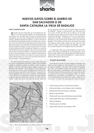 20 Pedro Castellanos Bote 
El barrio de San Salvador se encontraba en tor-no 
a la mencionada iglesia, ya desaparecida, 
que estuvo en el lugar que ocupa la actual puerta 
de Mérida. Se cree que el origen de este barrio era el 
antiguo arrabal oriental musulmán. La zona donde se 
encontraba el hospital de Santa Catalina era conoci-da 
como el barrio de San Salvador, pero hasta ahora 
desconocíamos que también se la llamaba barrio de 
Santa Catalina La Vieja. Un documento de 1817 sobre 
la Hermandad de San Nicolás de Tolentino y Ánimas 
del Purgatorio de San Agustín cita el otro nombre por 
el que era conocido el barrio: “Con motivo de la forti-ficación 
de esta plaza, en el año 1689 fue demolido el 
barrio de Santa Catalina La Vieja, en el que tenía esta 
ilustre hermandad una casa que le había donado Isa-bel 
González, La Espantarratas…”. 
El barrio estaba formado por dos calles principa-les 
que lo atravesaban de Este a Oeste y que partían 
desde la primitiva puerta de Mérida, junto al arroyo 
Rivillas. La primera de ellas, según algunos autores, se 
llamaba de Almaraz, de los Baños o de los Romeros. 
Creo que es un error, yo he localizado en 1645 la “ca-lle 
de Almaraz, que llaman del Gorrero”, que es la ac-tual 
Sepúlveda; los otros dos nombres corresponden 
a otra distinta. El verdadero nombre de esta primera 
calle era desconocido hasta ahora. En 1639 se la lla-maba 
“calle que dicen de Lope de Hoces, bajando 
de las esquinas del Peso de la Harina para la puerta 
de Mérida”. Tengo un documento de 1604 que cita 
una casa “al sitio del Peso de la Harina, en la calle 
que baja de las esquinas de Lope de Hoces para la 
puerta de Mérida”. Todavía en 1714, una vez retran-queada 
la muralla, se la llamaba “calle de Francisco 
de Hoces, que va del mesón del Rincón a la puerta de 
Mérida”. El nombre de Francisco de Hoces ya venía 
de antiguo, pues tengo datos de una casa en esta 
calle en 1598, “hacia la puerta de Mérida”, que por 
los corrales lindaba con la iglesia de San Salvador. 
La segunda calle que partía desde la puerta Mé-rida 
e iba hasta el hospital de la Concepción, es la 
actual calle Jarilla. Esta calle podría ser la llamada en 
1563 como “Nueva de los Hortelanos”, y sería una am-pliación 
del barrio hacia el Sur. 
El mesón de la Estrella. 
Se trata de uno de los más antiguos mesones que 
hubo en la ciudad; en 1631 estaba “en la calle arri-ba 
de la Costanilla”. Se arruinó en el sitio de Badajoz 
de 1705, “por haberle caído una bomba cuando el 
sitio de esta plaza y estaba lleno de inmundicia, fue 
necesario tapiar las bocacalles por la parte de arriba 
y la que sale a la de la Concepción Alta”. Su nuevo 
propietario, Juan Piñero, lo adquirió en 1718 y propu-so 
al Ayuntamiento construir dos casas sobre él y lo 
cita como “un solar de casa grande, todo arruinado, 
NUEVOS DATOS SOBRE EL BARRIO DE 
SAN SALVADOR O DE 
SANTA CATALINA LA VIEJA DE BADAJOZ 
 