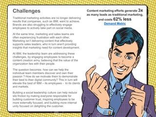 Content marketing efforts generate 3x
as many leads as traditional marketing,
and costs 62% less
Demand Metric
Challenges
Traditional marketing activities are no longer delivering
results that companies, such as IBM, want to achieve.
Brands are also struggling to effectively engage
employees to actively take part on social media.
At the same time, marketing and sales teams are
often experiencing frustration with each other.
Marketing isn’t delivering content that effectively
supports sales leaders; who in turn aren't providing
insights that marketing need for content development.
At IBM, the leadership team are addressing these
challenges, by engaging employees to become a
content creation army, believing that the value of the
organization lies with their people.
The question becomes: how can we help the
individual team members discover and own their
passion ? How do we motivate them to demonstrate
their best to their digital community? This in turn will
elevate the best of IBM – its employees - to its clients
and markets.
Building a social leadership culture can help reduce
silo friction by making everyone responsible for
building customer trust, inspiring employees to be
more externally focused, and building more internal
unity focused on delighting the customer.
 