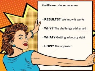 You’ll learn… the secret sauce
• RESULTS? We know it works
• WHY? The challenge addressed
• WHAT? Getting advocacy right
• HOW? The approach
 