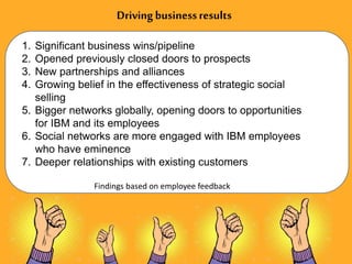 Drivingbusinessresults
1. Significant business wins/pipeline
2. Opened previously closed doors to prospects
3. New partnerships and alliances
4. Growing belief in the effectiveness of strategic social
selling
5. Bigger networks globally, opening doors to opportunities
for IBM and its employees
6. Social networks are more engaged with IBM employees
who have eminence
7. Deeper relationships with existing customers
Findings based on employee feedback
 