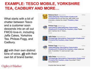 EXAMPLE: TESCO MOBILE, YORKSHIRE
TEA, CADBURY AND MORE…
What starts with a bit of
chatter between Tesco
and a customer soon
descends into an all out
FMCG love-in, including
Jaffa Cakes, Yorkshire
Tea, Phileas Fogg, and
Cadbury.
All with their own distinct
tone of voice, all with their
own bit of brand banter.

 