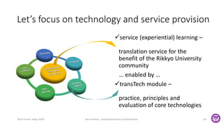 Let’s focus on technology and service provision
service (experiential) learning –
translation service for the
benefit of the Rikkyo University
community
… enabled by …
transTech module –
practice, principles and
evaluation of core technologies
TAUS Forum Tokyo 2016 Tony Hartley - Academe/Industry Collaboration 10
 