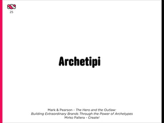 25




                     Archetipi


               Mark & Pearson - The Hero and the Outlaw:
     Building Extraordinary Brands Through the Power of Archetypes
                          Mirko Pallera - Create!
 