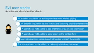 Evil user stories
An attacker should not be able to purchase items without paying
An attacker should not be able to hack the site using known vulnerabilities
A user should not be able to see another user’s personal information
A user should not be able to send spam on the contact form
Many simultaneous users should not be able to crash the website
The admin should not be able to accidentally shut down the server
An attacker should not be able to…
 