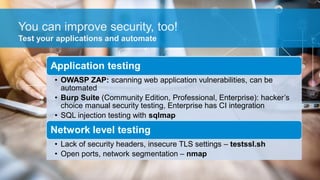 You can improve security, too!
Application testing
• OWASP ZAP: scanning web application vulnerabilities, can be
automated
• Burp Suite (Community Edition, Professional, Enterprise): hacker’s
choice manual security testing, Enterprise has CI integration
• SQL injection testing with sqlmap
Network level testing
• Lack of security headers, insecure TLS settings – testssl.sh
• Open ports, network segmentation – nmap
Test your applications and automate
 