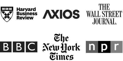 Logos from the following companies: Harvard Business Review, Axios, The Wall Street Journal, BBC News, The New York Times, NPR.