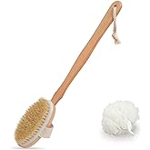 Body Brush for Bath or Shower - Dry or Wet Skin Exfoliating Long Wood Handle Back Scrubber with White Sponge