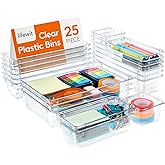 Lifewit Drawer Organizer 25PCS, 4 Sizes Clear Plastic Desk Drawer Dividers, Storage Separation Bins for Make Up, Kitchen Uten