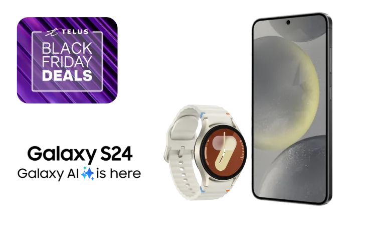 A logo reads, "Black Friday Deals". Beneath is a Galaxy Watch7 beside the front view of a Samsung Galaxy S24.