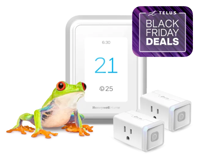 A frog is standing next to a smart thermostat and two smart plugs, displaying a roundel that says, "Black Friday Deals."